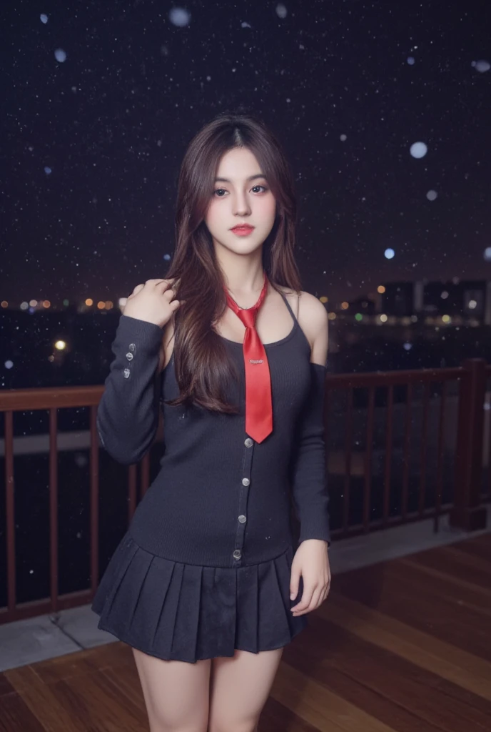 goutou, <lora:koreanDollLikeness_v10:0.2>,<lora:taiwanDollLikeness_v10:0.1>(8k, RAW photo, best quality, masterpiece:1.2), (realistic, photo-realistic:1.37), ultra-detailed, 1 girl, solo, cute,beautiful detailed sky,detailed 0.74cafe,night,standing,dating,(nose blush),(smile:1.1),(closed mouth) medium breasts,beautiful detailed eyes, bowtie, long hair, legs, sweater, <lora:goutouLora_v20:0.7>