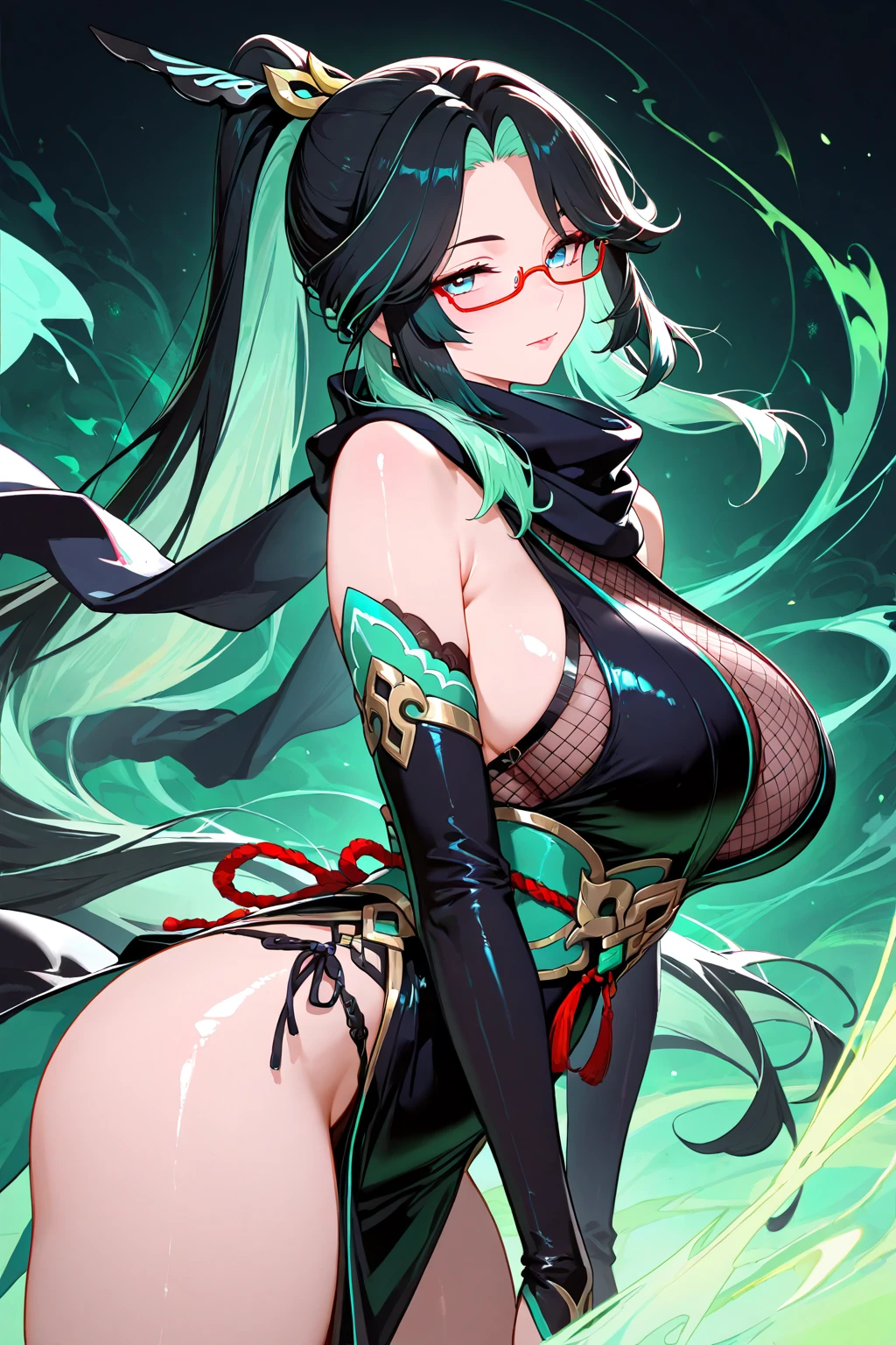 Adult female, curvy body, thick body, DDD size breasts, lizard scales, patches of scales on skin, fair skin with patches of scales, dark green hair, medium length hairstyles, light cyan blue eyes, ram horns on top of head, pointy ears, very beautiful, glasses, septum piercing.