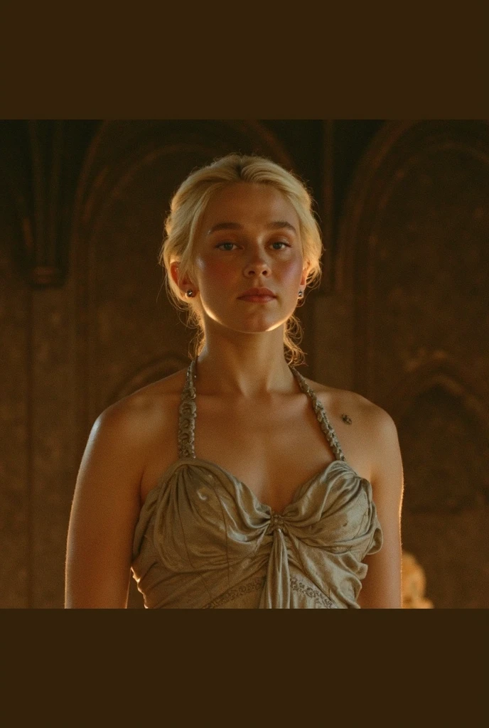 masterpiece, Ever gorgeous Daenerys Targaryen, mother of the dragons, queen Daenerys Targaryen, stunning beauty, ravishing beauty, enchantress, stunning portrait photo of khls woman, front facing towards the camera, wearing Erotic mediaeval costumes, War Costumes , sharp focus, natural lighting, subsurface scattering, f2, 35mm, film grain, Regal Beauty, Regent Queen, silk satin, linen clothes, beautiful ruler queen, sexiest majestic queen dress, Sharp focus texture and color. Cinematic lighting to capture authentic skin shine and depth. Sensual dress, likelike textures, aesthetics, anatomically accurate, golden hour glow, Game of thrones inspired background, highly detailed skin texture, beautymarks, mole on the breast, skin pores, rough skin, perfectly styled blonde hair, sequin velvet apparel, vibrant rich colours, saturated colours, warm moody tones,