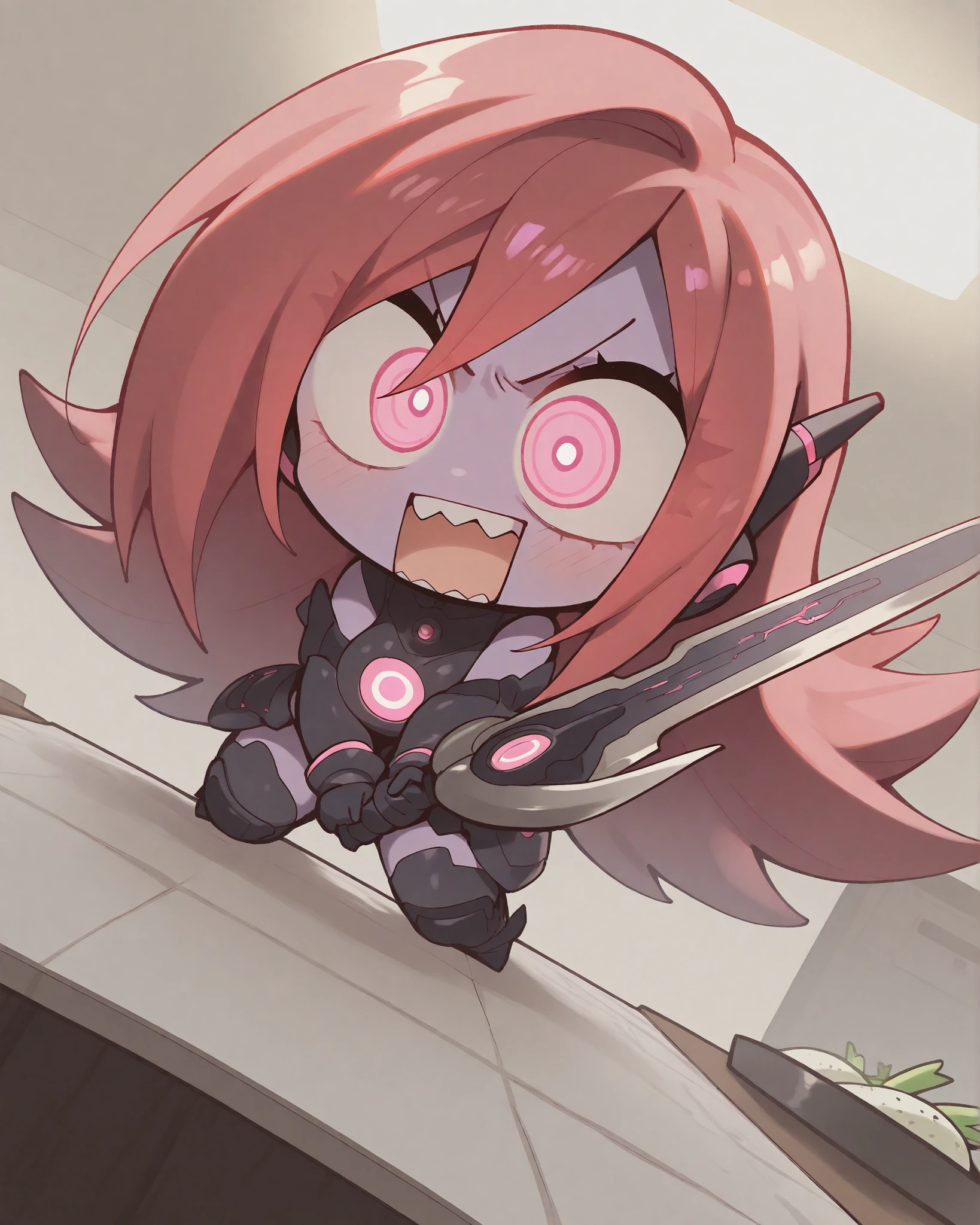 Masterpiece, ultra detailed, 4K resolution, cinematic lighting, dynamic angle, perfect anatomy, natural proportions, expressive faces, a cute chibi style image of a female warrior wearing purple cyberpukn armor with pink neon, long red hair, holding a sword much larger than her with a blade made in pink neon, in front of a large creature, a huge daikon, with an open mouth showing several teeth and big cute eyes, they are on top of a large kitchen table with hilly utensils in the background, perfect lighting, ray tracing