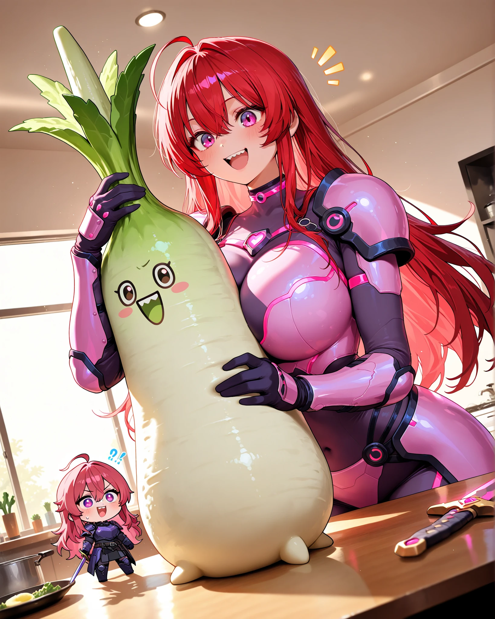 Masterpiece, ultra detailed, 4K resolution, cinematic lighting, dynamic angle, perfect anatomy, natural proportions, expressive faces, a cute chibi style image of a female warrior wearing purple cyberpukn armor with pink neon, long red hair, holding a sword much larger than her with a blade made in pink neon, in front of a large creature, a huge daikon, with an open mouth showing several teeth and big cute eyes, they are on top of a large kitchen table with hilly utensils in the background, perfect lighting, ray tracing