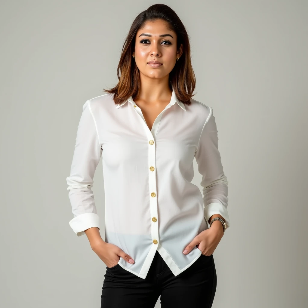 (best quality,8k,photo-realistic), a beautiful woman in a white shirt, her full body portrayed with exquisite detail. Her face is flawless, with perfectly shaped features, and her eyes captivate with their stunning beauty. The portrait is hyper-realistic, capturing every intricate detail with utmost precision. The image quality is of the highest standard, with 8k resolution that brings out the finest nuances. It resembles a professional photography, as if she is posing for a perfectly composed shot. The overall look and feel of the image is incredibly lifelike and realistic.