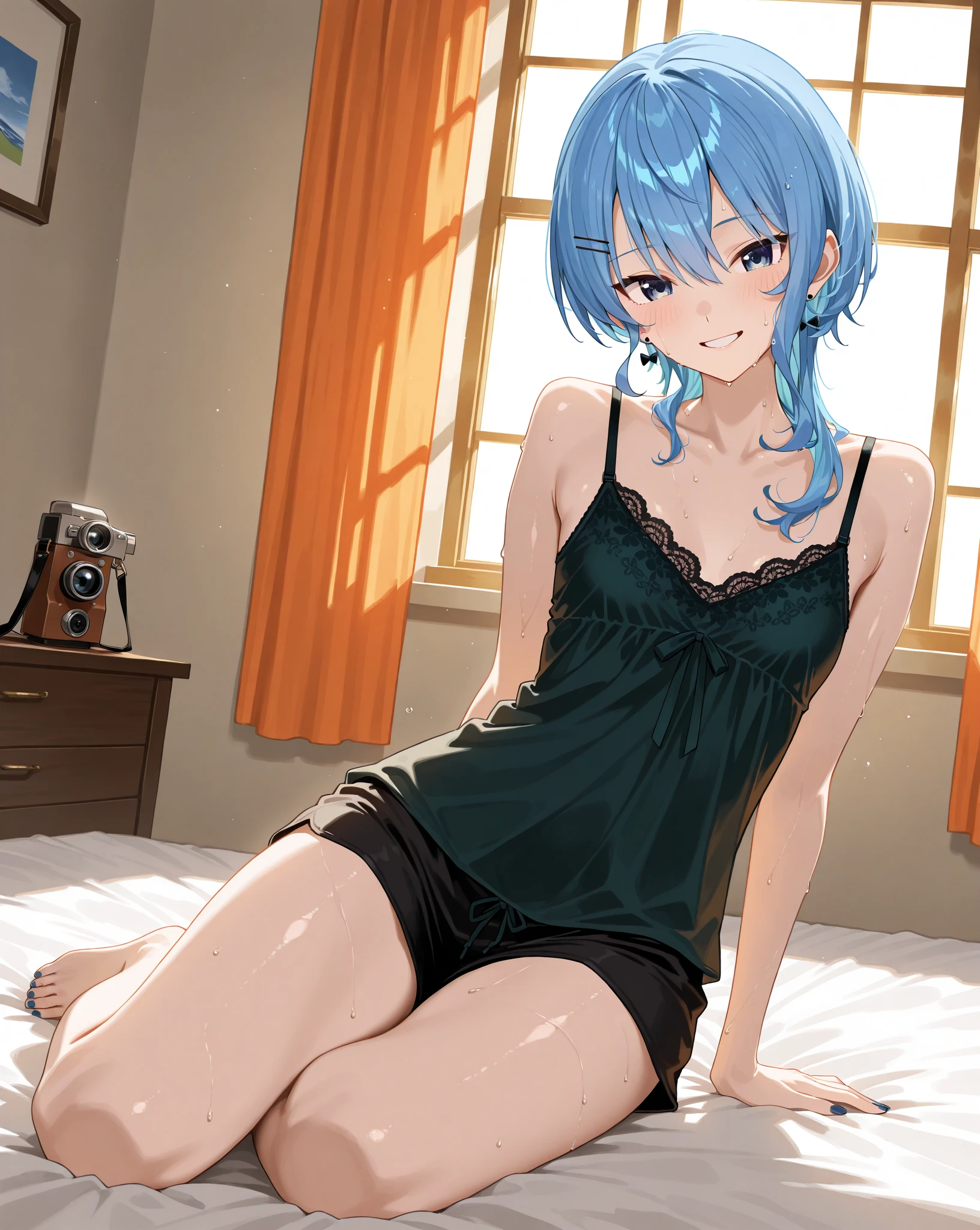Light blue hair、Short Bob、Deep green eyes、Small breasts、Bedroom、Golden underwear、Sitting sleepily