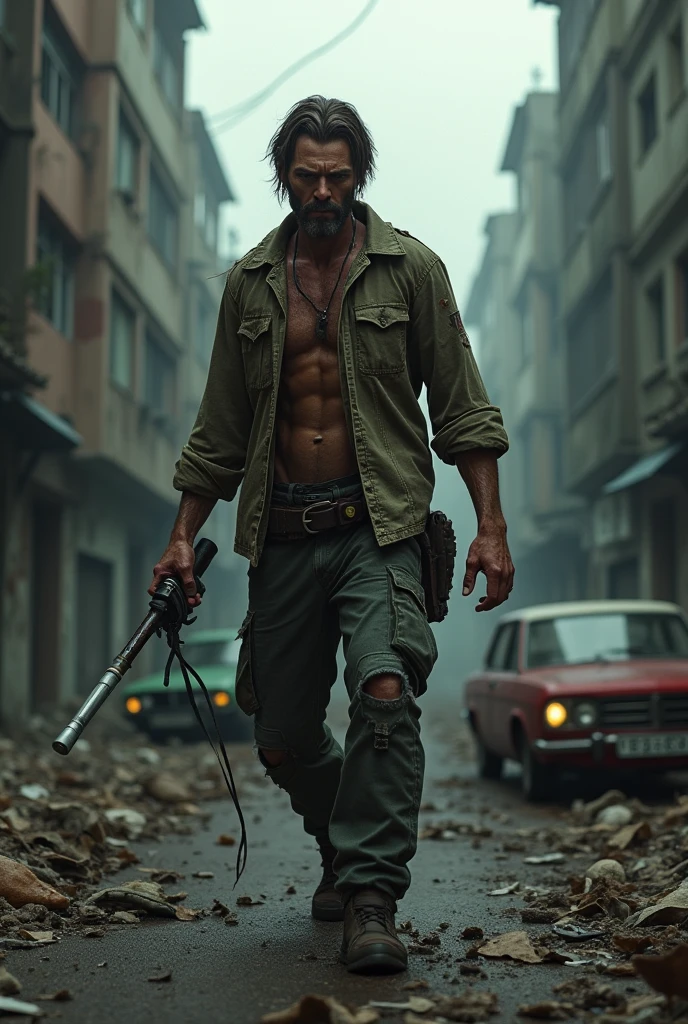 A man in dirty clothes walks forward with a gun in his hand. Pixel art in 100*100 dimensions.