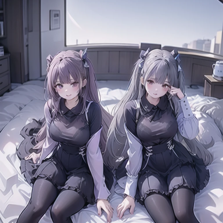 Sexy and glamorous woman、Gray eyes、Gray Hair、Long Hair、ponytail、Black Ribbon、White skin、Exposed chest、Waist exposed、See-through black clothes、Navel exposure、Transparent and sexy knee-high socks、Looking up、bed、Mystical effects、night、Maid、Sensual look、Blushing a little