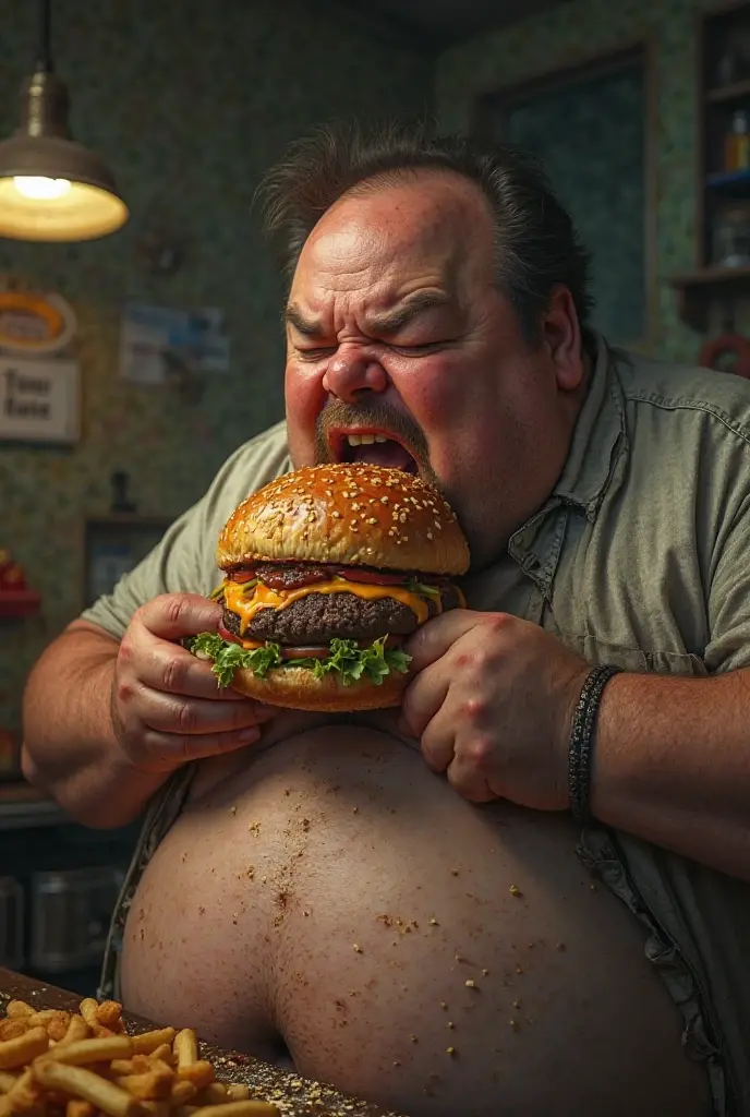 fat people are eating hamburgers, with your gluttony