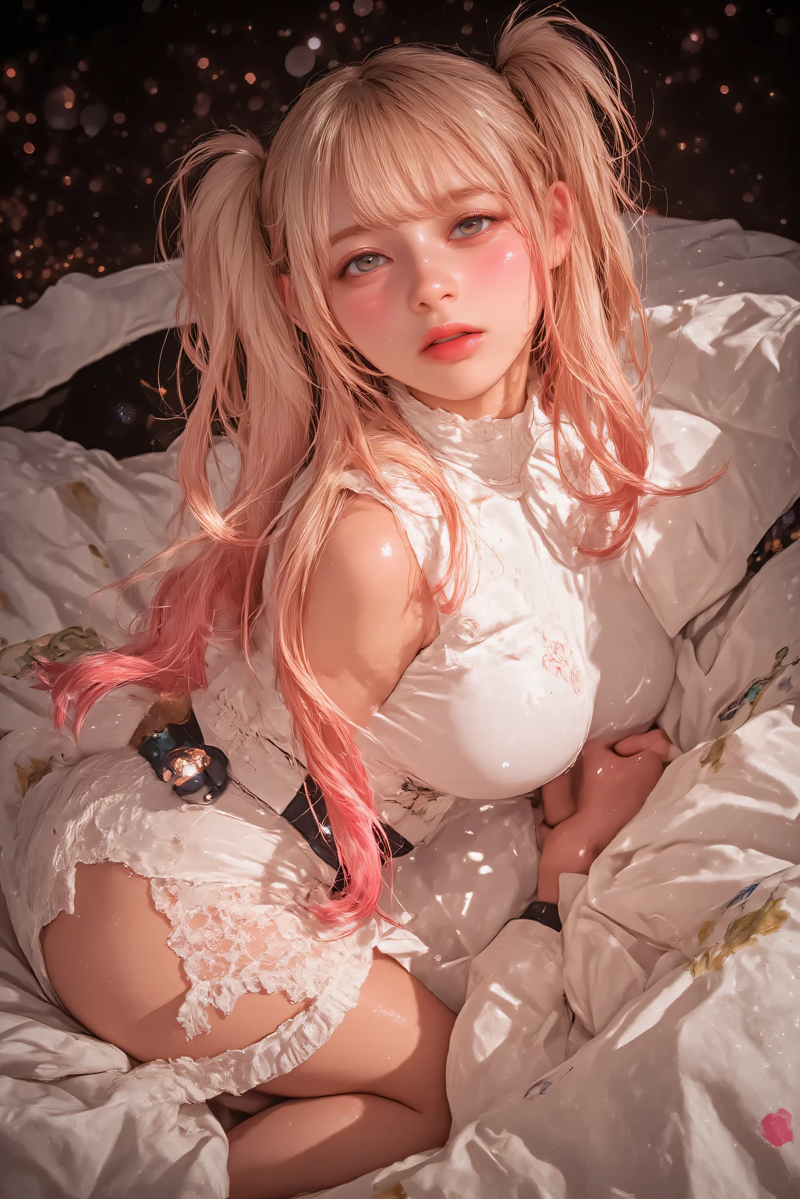 (Pink leopard print bed:1.5)、(A dark room with the lights off:1.5), A beautiful girl with short black hair, (A high school girl's uniform of a white shirt and a miniskirt:1.2)