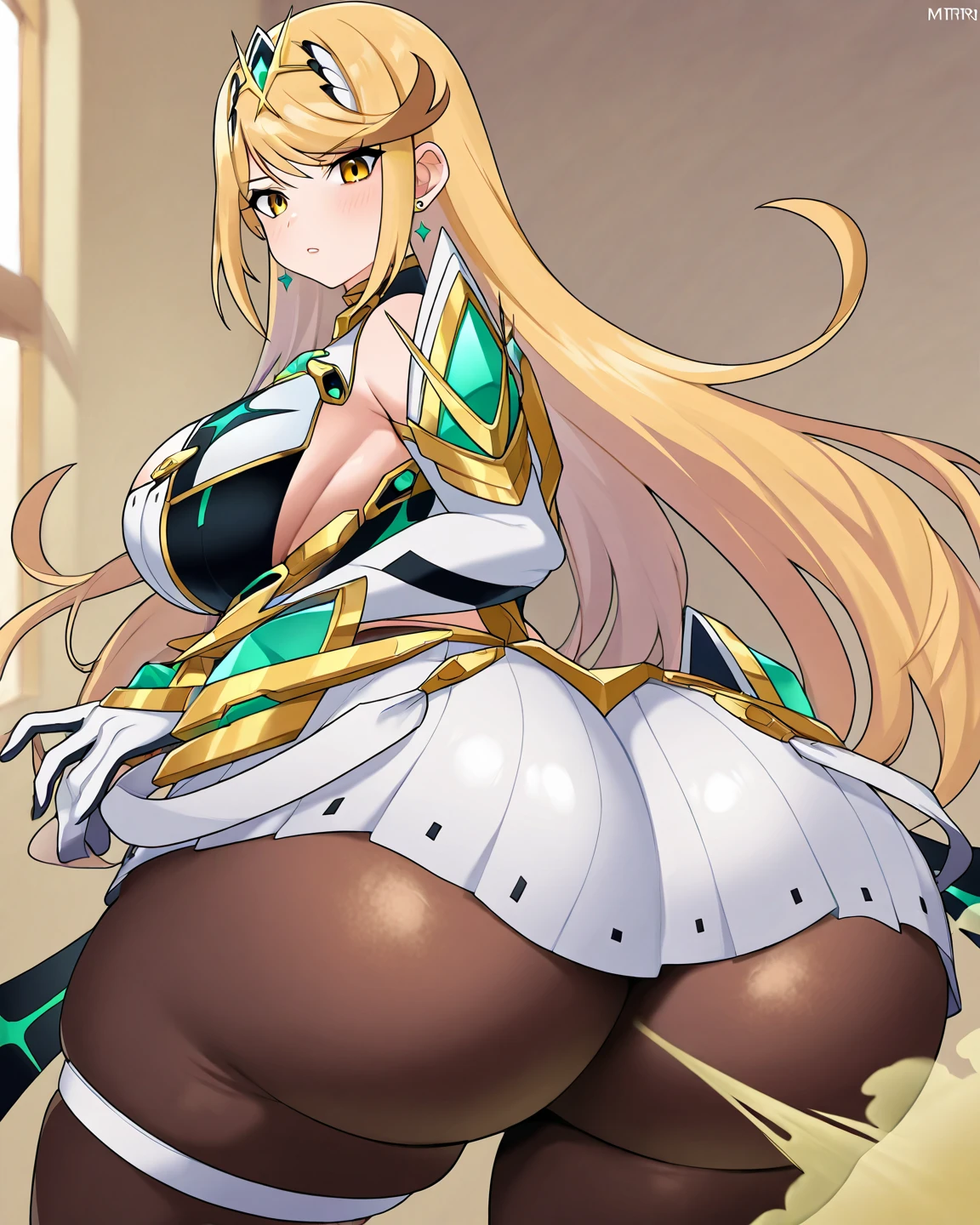 4k, best quality, 1girl, curvy, blonde hair, blue eyes, blush, breasts, huge breasts, long hair, looking at viewer, white pantyhose, green and white dress, smile, solo, (vert_/neptune series/:1.1), very long hair, white gloves, white pantyhose,
