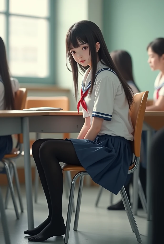 Girl with legs spread in school