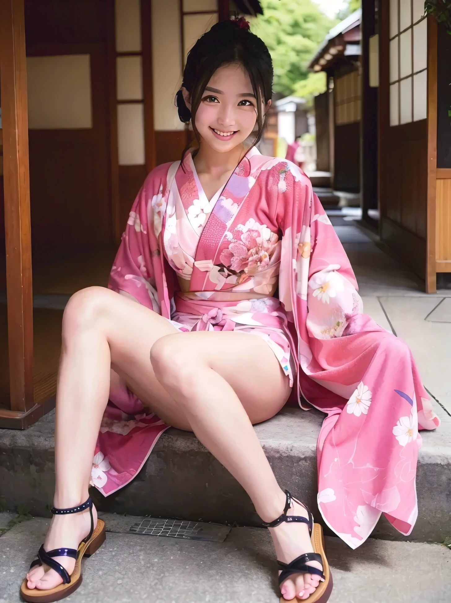 ((best quality)), ((masterpiece)), (detailed), perfect face, symmetrical face, 10 years old face, cute smile, beautiful teeth, Big eyes, small nose, small mouth, large ears, small chin thin, eyebrows, beautiful skin, , The aspect ratio of the face is 3:2, beautiful fingers, beautiful hands, beautiful hair, long sideburns, short hair, beautiful chest, beautiful and delicate shoulders, beautiful and delicate thighs, The costume is a kimono with a floral pattern., Japanese, beautiful feet, Walking my dog in the ruins of Kyoto