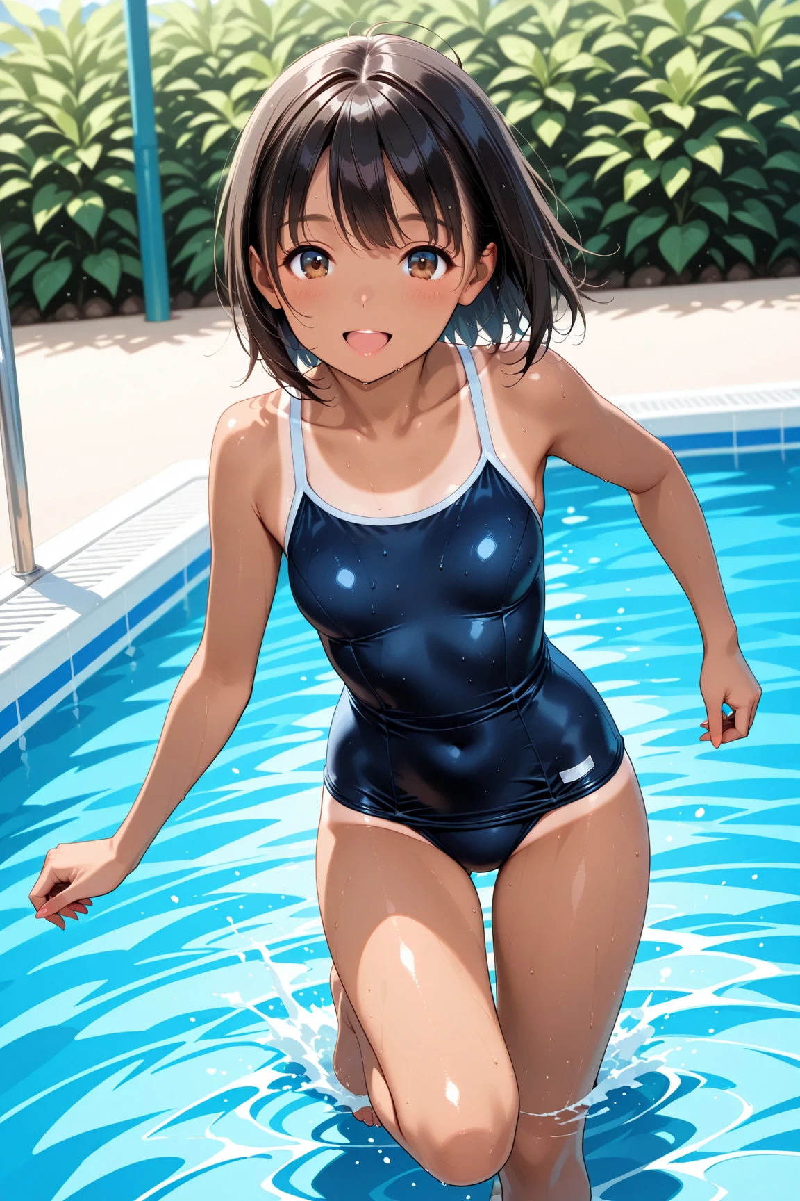 18 year old black man, Dark Skin、Berry Short、boyish、small size of breasts, Flat Chest、Sidelim body, Squat posture、Spread your legs, Spread your legs, Only one girl, One piece swimsuit、Navy blue school swimsuit、Front of body、looking at the camera、Scared、Shame play、Embarrassing、Are crying、Flowing Tears、Closed Mouth、barefoot、incontinence、Girl urinating outdoors、Armpits、Hands behind head