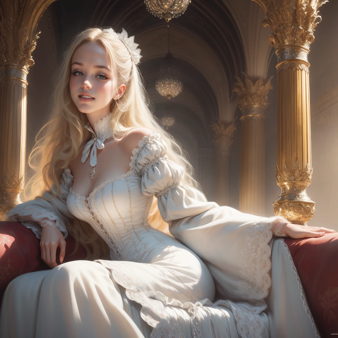 {-erro_de_anatomia:1.0} woman 30 years old, victorian era,victorian clothes, (white dress), dark castle, a woman (beautiful), very long blond hair (blond hair), (gray eyes) . Indifferent look , merciless, dinamic poses, egoist smile, upper body, sitting, backwards, looking back