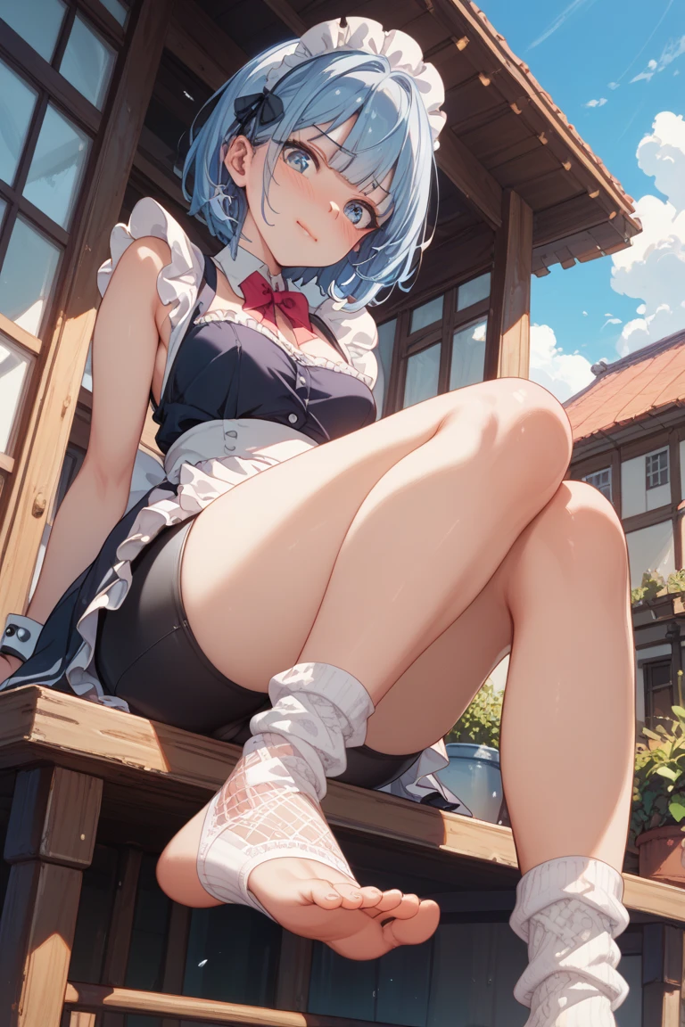 masterpiece, highest quality, High resolution,  short hair， Short skirt、Drooping eyes，Outdoor，barefoot，Looking up，Embarrassed face，Angle from below、Big Breasts，Spread your legaid clothes、White underwear、See-through、Blue Hair、White fishnet tights、One silver cross hair ornament、I can&#39;t see my right eye because my bangs are covering it、Maid clothes