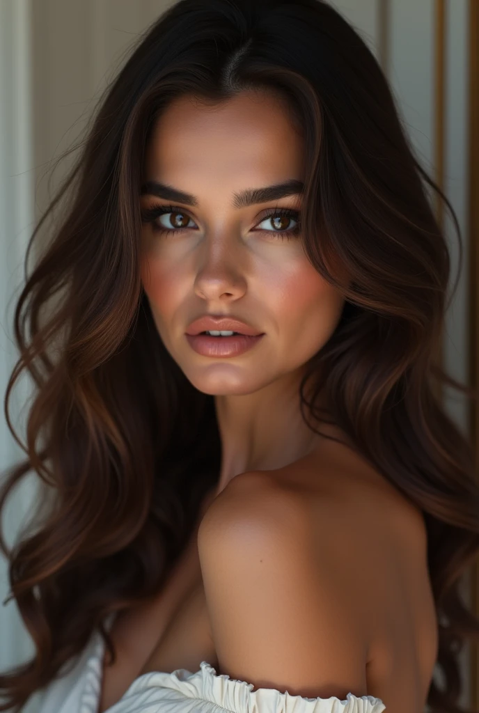 Produce an ultra-realistic Instagram model of a beautiful woman, long brown hair, blue eyes, soft skin, soft purple light in the background, standing on a modern apartment , The image has a high resolution of 4K, with soft, natural lighting that enhances the model's skin tones and the colors of their outfit, The render style is focused on realism and detailed textures, and the final result is a captivating portrayal of modern elegance.