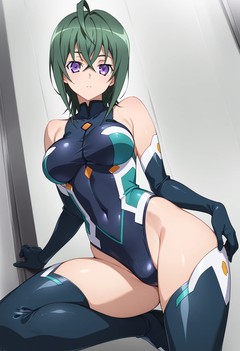 masterpiece,best quality,1girl,mature female,gardevoir,red eyes,short hair,bangs,green hair,hair over one eye,large breasts,wide hips,thick thighs,cameltoe,((green yamatosuit,belt)),sitting,spread legs,expressionless,blush,(spacecraft interior),dutch angle,science fiction,<lora:Concept-control tool-add_detail-CyberAIchemist:0.8>,<lora:attire_yamatosuits:0.8>,<lora:gardevoir_v2:1>,