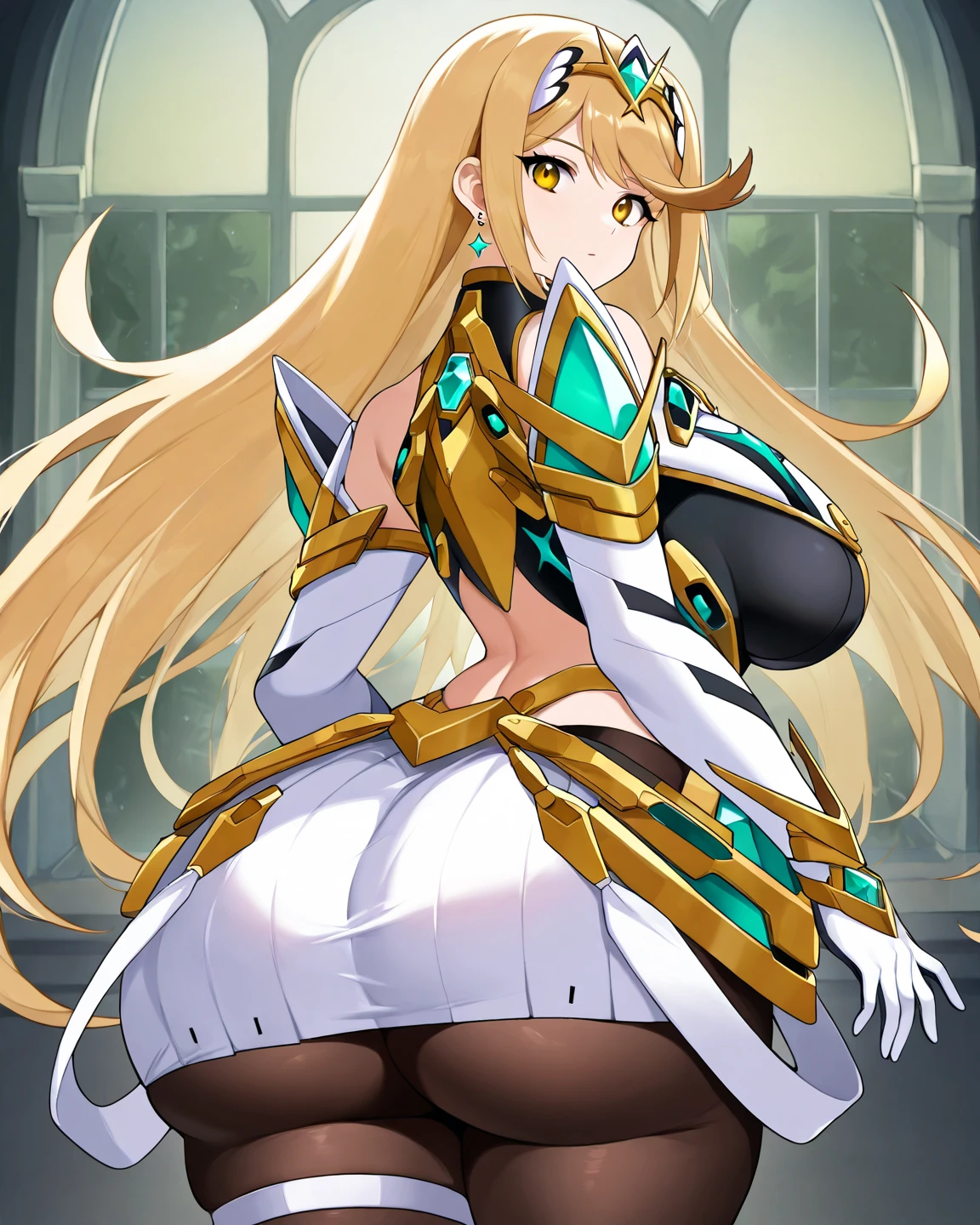 ((best quality)), ((masterpiece)), (detailed), perfect face, ((Character : Mythra from Xenoblade Chronicle 2)), 1girl, solo, long_hair, breasts, looking_at_viewer, smile, bangs, blonde_hair, large_breasts, gloves, dress, cleavage, bare_shoulders, full_body, yellow_eyes, earrings, elbow_gloves, white_gloves, white_dress, armor, hand_on_hip, clothing_cutout, bare_legs, thigh_strap, swept_bangs, tiara, headpiece, chest_jewel, no panty, from behind, leaning a lot