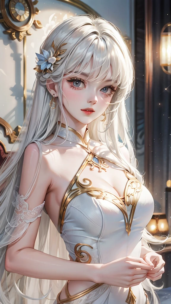 16K, Ultra High Definition, Super detailed, Shiny detailed hair, detailed face, fantasy landscape, solo, looking at viewer, {{best quality}}, {{masterpiece}}, {{ultra-detailed}}, {detailed light}, ultra high quality eyes, detailed eyes, perfect eyes, large eyes, detailed white eyes, beautiful lips, white hair, long hair, twintail, hair ornament, earrings, beautiful, skinny body, white skin, slutty, erotic, suggestive, in a sexy gold-metallic sequin party dress, nsfw