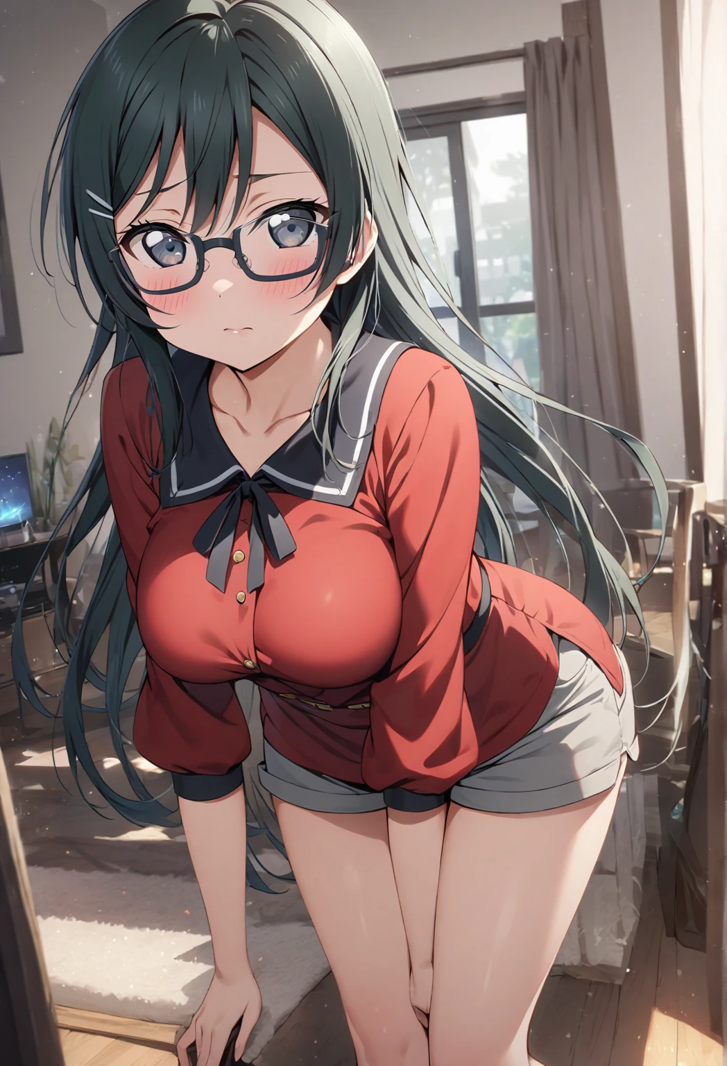 masterpiece, best quality, Hasegawa chisato, 1 girl, alone, big breasts, waist medium, wide hips, medium thighs, long hair, large breasts, green eyes, antennae hair, black hair, suspenders, looking at viewer, rimless glasses, black thighs, hair between eyes, long sleeves, lace trimmed lingerie , smiles, happy, seductive, sexy posture, sitting on bed, legs open, looking at the viewer, pov (from above), perfect anatomy, perfect hands
