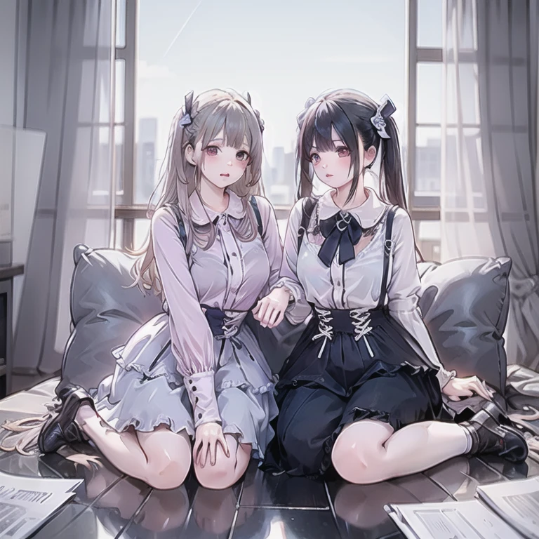 Brown hair、watching at viewers　　　black suspenders　　　Bulging big breasts　　 　 　　　walls: 　Black miniskirt　garters　　　　　　Gaze　　　Small face　bangss 　　　holster　　　Beautuful Women　　hands up　　leg holster lying on bed　　Gaze 　black boots panty shot　provocation　flank　flank sweat　soio 　arm