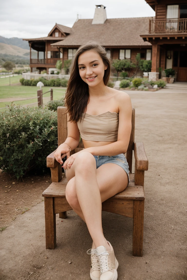 18-year-old girl similar to Chloë grace Moretz, smiling, waist-length red hair, disheveled and disheveled, wearing a white fedora hat, white sleeveless blouse, blue miniskirt, tennis shoes, no socks, tight clothing, posing on a frame of Ruined stone, probably part of an ancient construction. The stones are arranged so that they form walls of different heights. In the background you can see a mountainous landscape under a clear sky with some clouds. As for the type of lighting, the photo appears to be taken during the day in direct sunlight. This can be inferred from the defined shadows and bright light illuminating the stones and ground, as well as the clear blue sky. super realistic, perfect body, correct proportions and perspectives, masterpiece, natural sunlighting