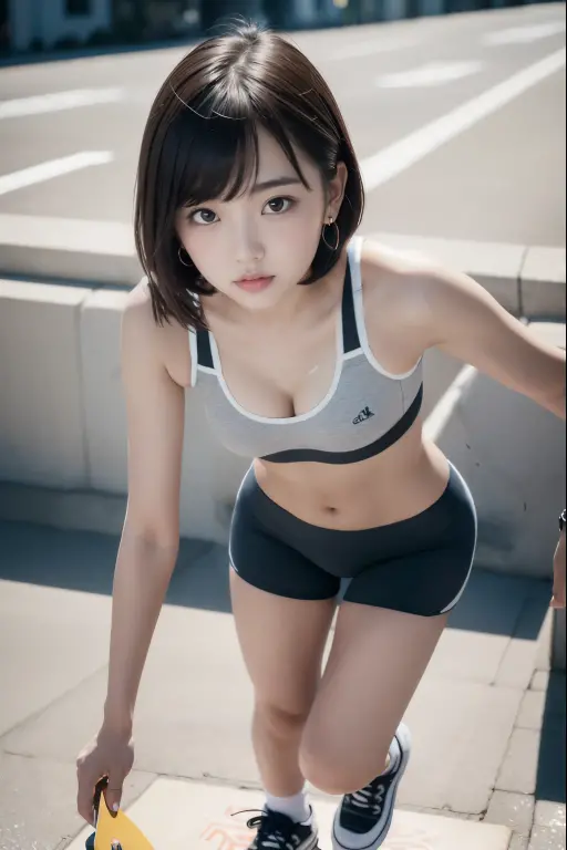 masterpiece, highest quality, High resolution, Brown eyes、short hair,Black Hair, White skin、Thick legs、Run、city、move、Sportswear
