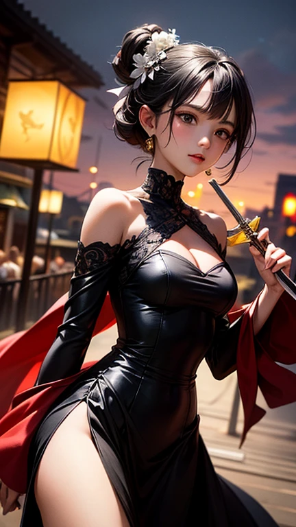 yor briar, anime style beutiful woman, 1girl, happy, sexy pause,(with sparkling eyes and a contagious smile:0.9),red face, closed mouth, beautiful detailed eyes, super detailed skin, backlighting, bare shoulders, black background, black dress, black gloves, black hair, breasts, dress, earrings, fingerless gloves, floating hair, floral print, flower, gloves, gold earrings, gold hairband, hair flower, hair ornament, hairband, holding, holding weapon, jewelry, large breasts, long hair, looking at viewer, off-shoulder dress, off shoulder,red eyes, short hair with long locks, sidelocks, solo, spikes, thighs, two-sided dress, two-sided fabric, weapon, fighting stance , face, close up, from above, highest quality, looking at viewer,high resolution.