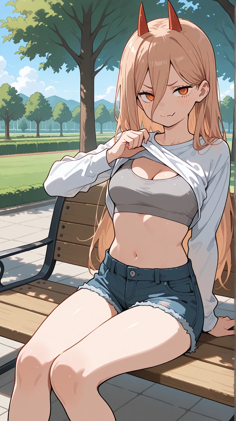 Lori huge breasts cleavage，white  panties，dual horsetail，Sit on grass，denimpants with pinksweater，cropped shoulders，Bare legged，with fair skin，Bare thighs，is shy，Raised sexy，Fuller