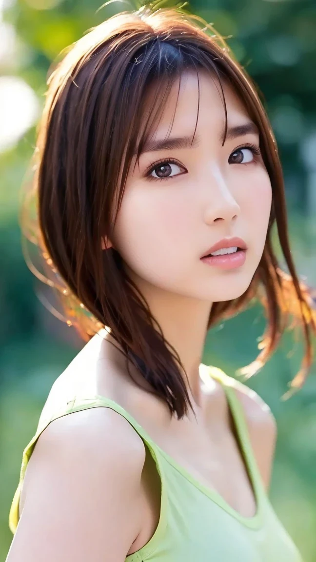 profile from Zito、sunlight、perfect finger, Random Pause、(small breasts)、GreenTshirt、high resolution, High Quality, 最High Quality, very detailed, Realistic, 8k, RAW pictures, 最High Quality, The appeal of masterpieces , amazing, brown hair, Wear it up to your shoulders , Japanese idol, Sophisticated Design, stylish, Slim、
