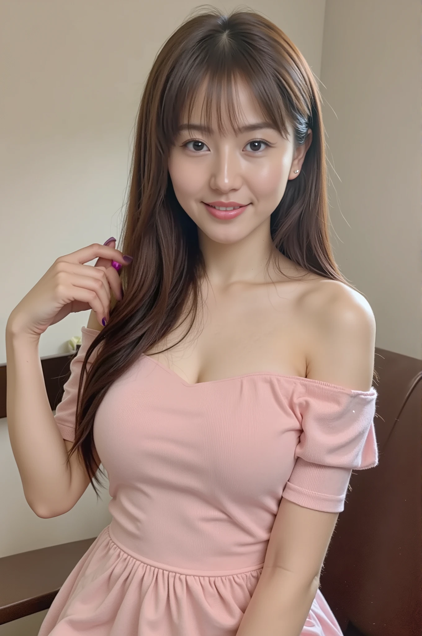 ((Highest quality)), ((masterpiece)), (detailed),Perfect Face,Japanese,Fair skin,　Upper Body　skirt　Long Hair　Office Lady　Women's Ana Style　smile　Cleavage　blouse　Mature Woman