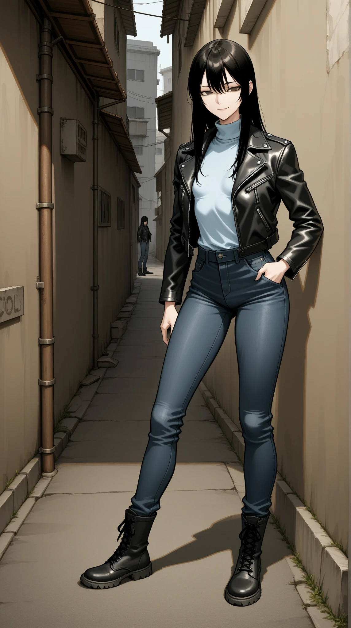 ((1girl, solo)), pixie cut, red hair, short hair, sunglasses, red lipstick, hands on hips, standing, full body, black leather jacket, white crop top, blue jeans, black boots, ((wetting self, pee stains, yellow puddle)), public street background