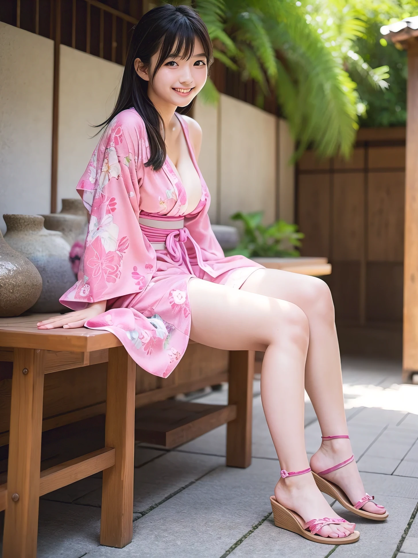最high quality、high quality、best image quality、8k、最High resolution、High resolution、最high quality、masterpiece、Realistic human body in every detail、Realistic skin in every detail、Realistic face in every detail、Realistic eyes down to the details、Realistic lips in every detail、Realistic teeth in every detail、Realistic ears down to the last detail、Realistic hair down to the last detail、Realistic arms down to the last detail、Realistic hands down to the last detail、Realistic fingers in every detail、(fine hands、thumb1reference4)、Realistic feet in every detail、((beautiful japanese girl))、(japanese model), (japanese woman)、((18 year old beautiful girl))、(black hair)、(random hairstyle)、((whole body))、((Beautiful upward facing breasts))、(slim style、slender style)、(whole body glossy skin、Fair skin)、soft natural light、geisha、countries、furisode、kimono、yukata、japanese traditional、Japanese garden、Under the cherry blossom tree in full bloom、((Transparent see-through with floral print(Short kimono))、((sit with bent knees on a stump in the garden(Pose that makes your thighs look beautiful))