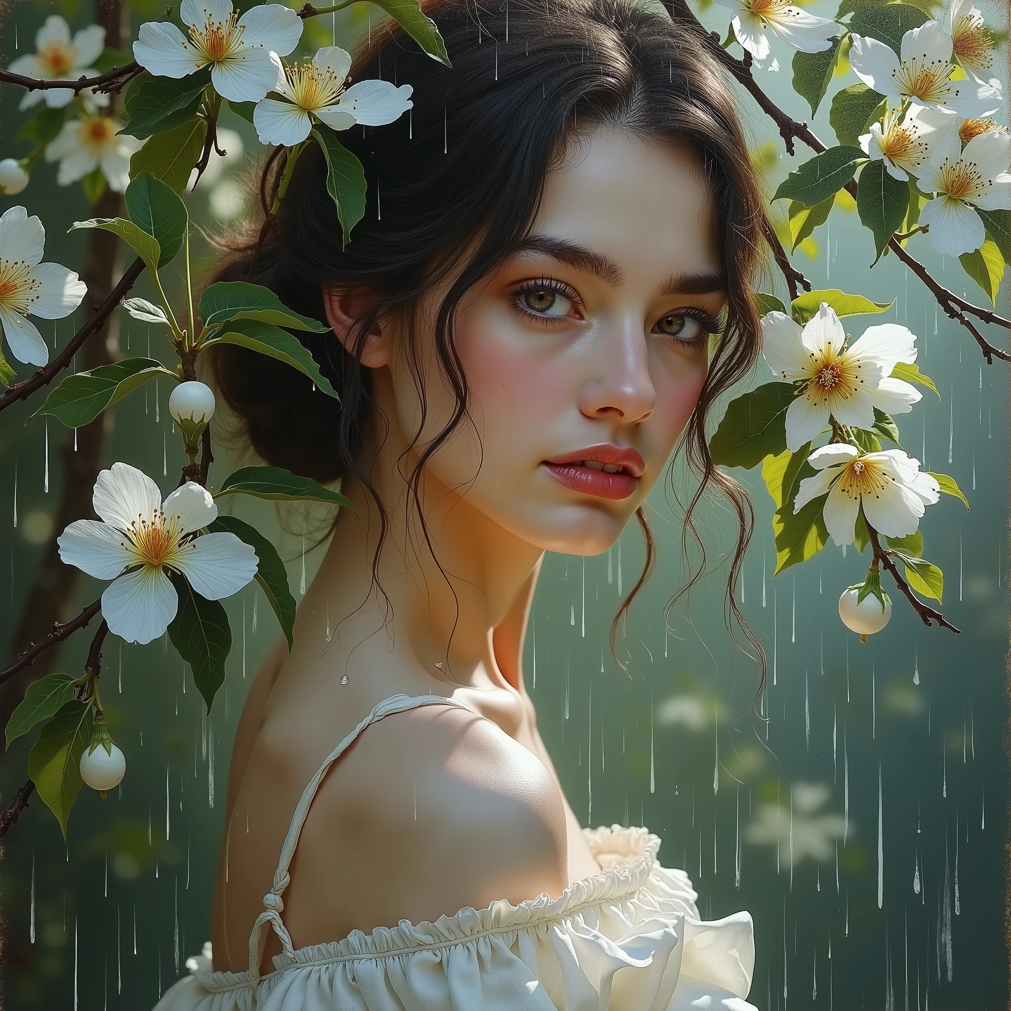 vintage beauty, branches with apple or pear blossoms,  that are under the rain, thick oil painting,  extremely soft colors , bright, highly detailed, Artist Olga Abramova,  oil on canvas , high contrast, Dramatic, exquisite, tonal, Create high contrast between light and shadow. masterpiece
