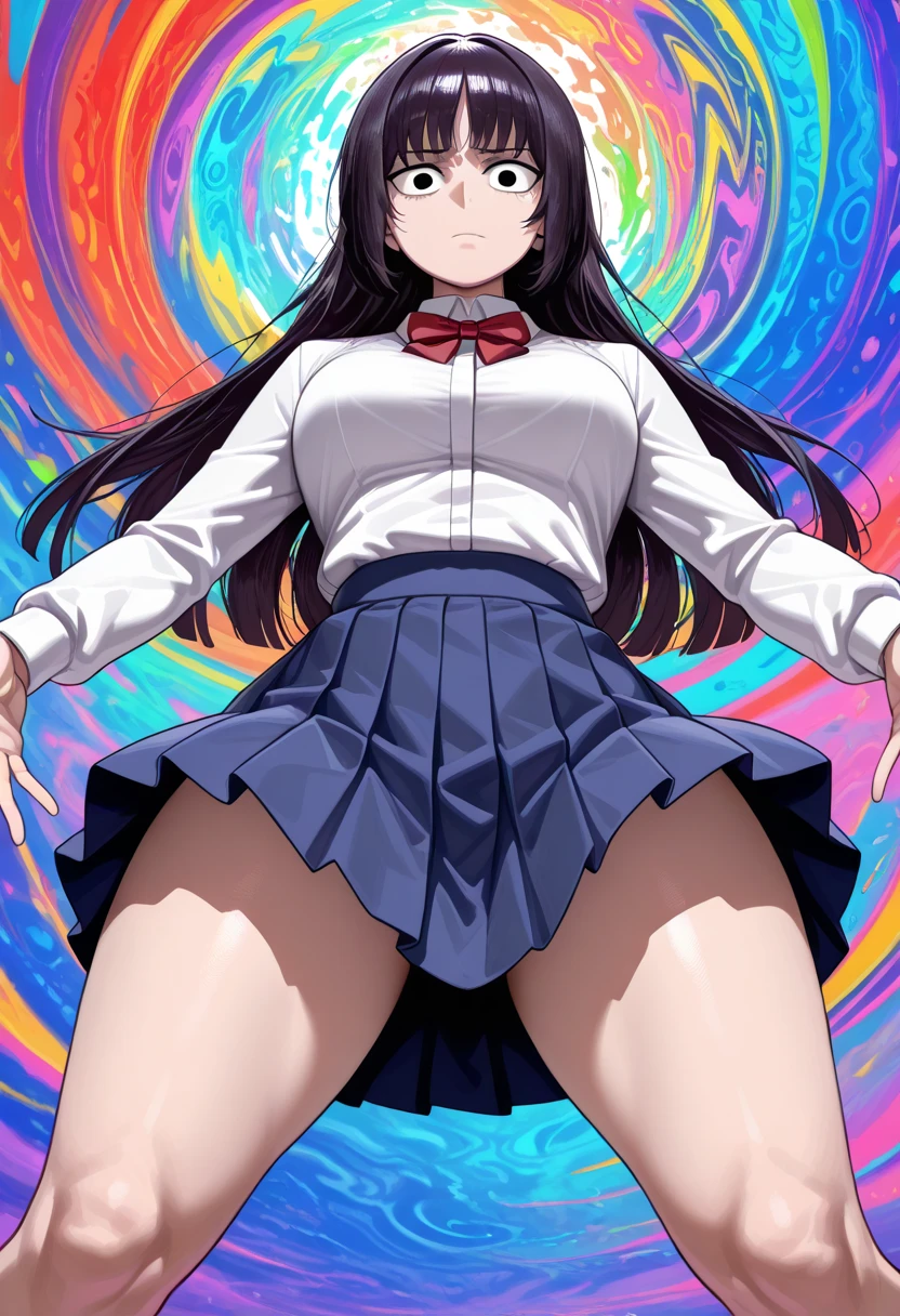 furuderika, long hair, purple eyes, blue hair, blunt bangs, , pink bow, , large breasts, , pink bow, live stage, nipple, naked, solo, Peeing, lactation, projectile lactation