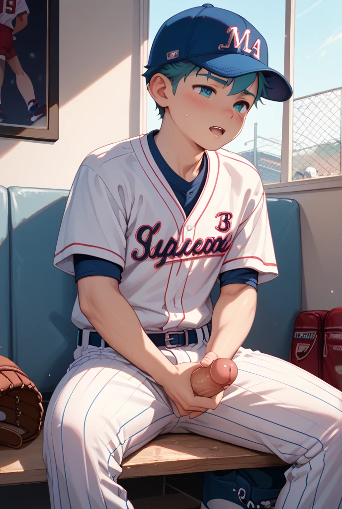 best quality, masterpiece, 2boys, yaoi, young korean man wearing baseball uniform, extreme pleasure, anal insertion, baseball bat in his anus, stretched anus, dripping precum, gay, homoerotic, dark cinematic lighting, dramatic shadows