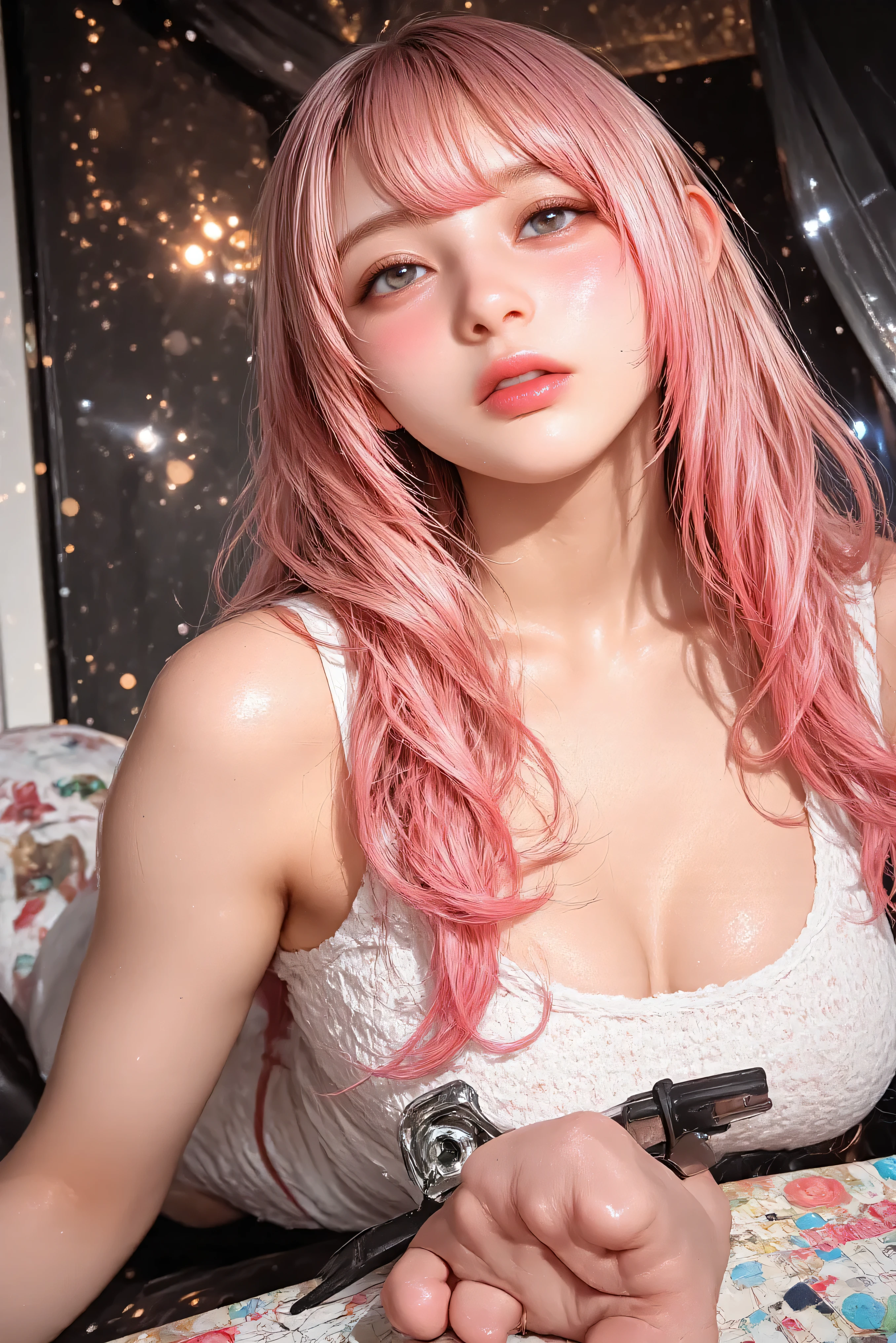 1 Girl, Beautiful, Baby Face, 20 Years Old, White Skin, Saggy Colossal Breasts, Sexy Pose, Wearing Lingerie Dress, (Golden Lingerie Outfit), Blue Eye, Muscles, Bokeh, ((night:1.3)), ((dark:1.3)), Hotel Room Background, Masterpiece, Dizzy, Foggy, ((Pink Hair)), Twintails, Pink Coloured