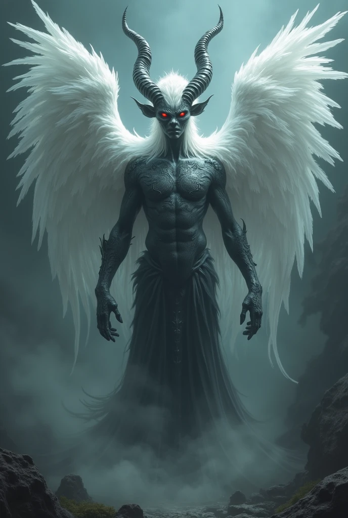 The fallen angel Raziel (flight:1.3), (with an all Azul-colored body), (bright yellow eyes:1.1), exhibits a demonic yet heroic figure. His large, (dirtied white wings), spread out in contrast against the dark city backdrop, create an intriguing dark fantasy style. The high-resolution image boasts an unparalleled level of detail, showcasing the soft, expressive, and highly-detailed face of the angel (actual:1). Every pore and vein on his face is visible, reflecting the photo-realistic quality. The full-color, 8K Ultra HD, 3D rendered image, powered by Unreal Engine v5.2,