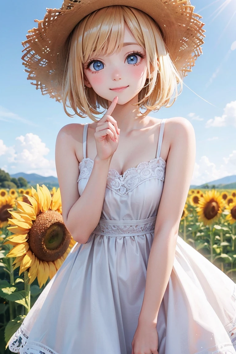 Girl cute Fair skin Shawl White shirt Light blue short skirt Pastoral Under the sun Light smile Delicate face Beckoning Little yellow flower hair card Round eyes