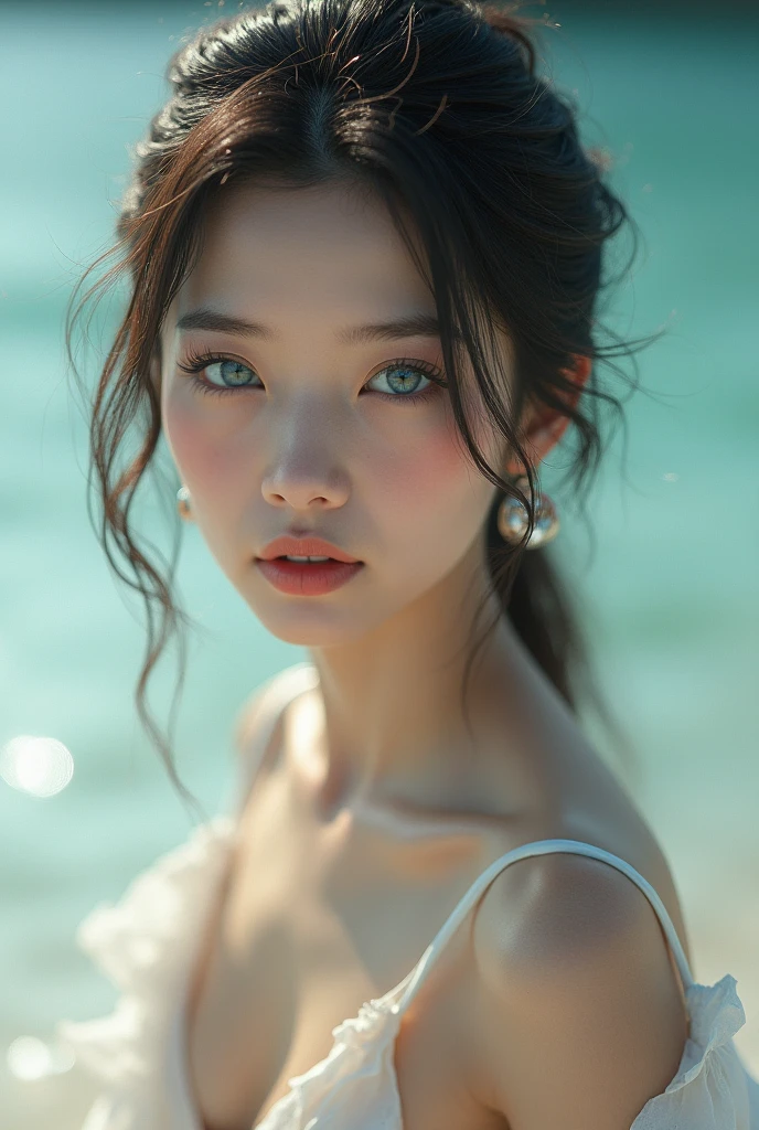 ((styled:Pure+ultra-realistic realism),White skin texture,eyes with brightness),lightand shade contrast,high textured,ultra HD picture quality,full bodyesbian,tall nose bridge,dynamic angle,Clouds and mountains,Sea prospects,Light tracing,realisticlying,offcial art,Unity 8k壁纸,ultra - detailed,Beautiful and beautiful,tmasterpiece,best qualityer,Glowing skin,cinmatic lighting。