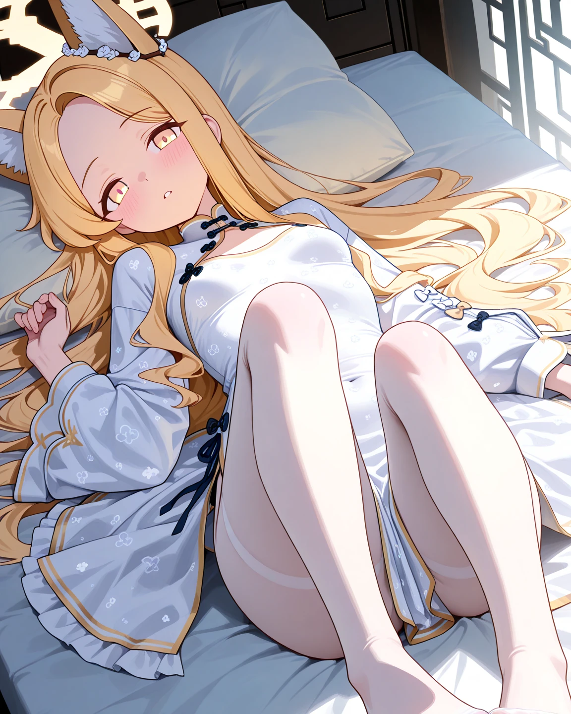 <lora:çå­ ;) [LORA]:0.8>,((best quality,extremely detailed,incredibly absurdres,extremely detailed cg,more details,ultra-detailed:1.2)),NSFW,
1girl,shiny_skin,collarbone,thin,(eyes_closed:1.1),((slee:1.2)),blonde hair,eyebrows_visible_through_hair,(golden drill bit curled princess curled long hair),medium breasts,
(cat ears:1.1),(cat tail:1.1),(white_shirt:1.3),(sailor_dress:1.2),(black_thighhighs:1.2),white lace bra,white lace underwear,(wedding_band:1.1),
((fetal_position:1.1)),( ggas_box:1.1),in_box,in_container,hetero,
bedroom,aerial,cinematic_angle,dutch angle,