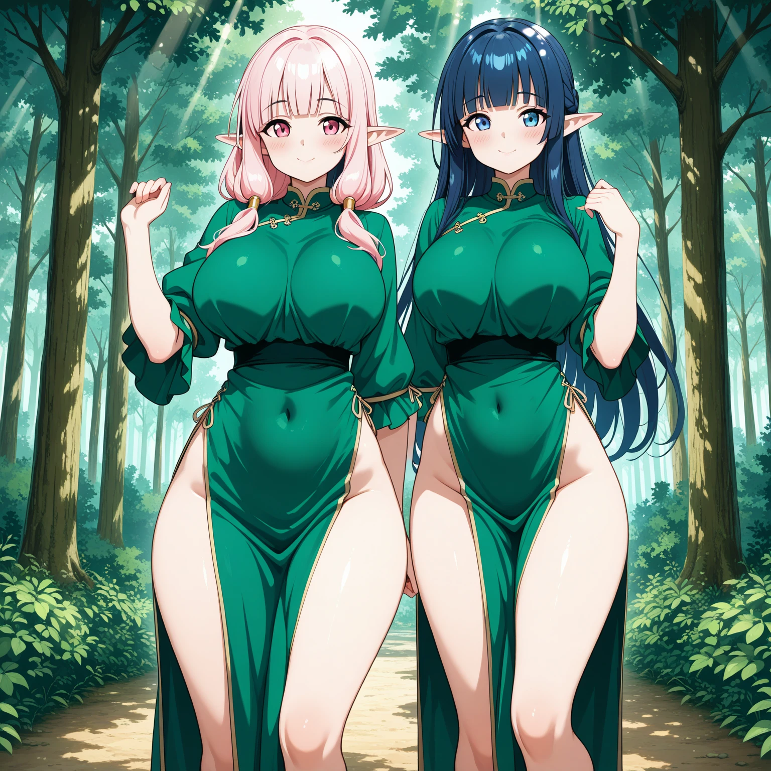 ((1 woman with very long white hair, large curvaceous,((gigantic breasts)),((holding her ass)),((large and transparent white dress)),((green eyes, closed, naughty smile)) ,((backwards, butt visible)),in a haunted forest,at night)),