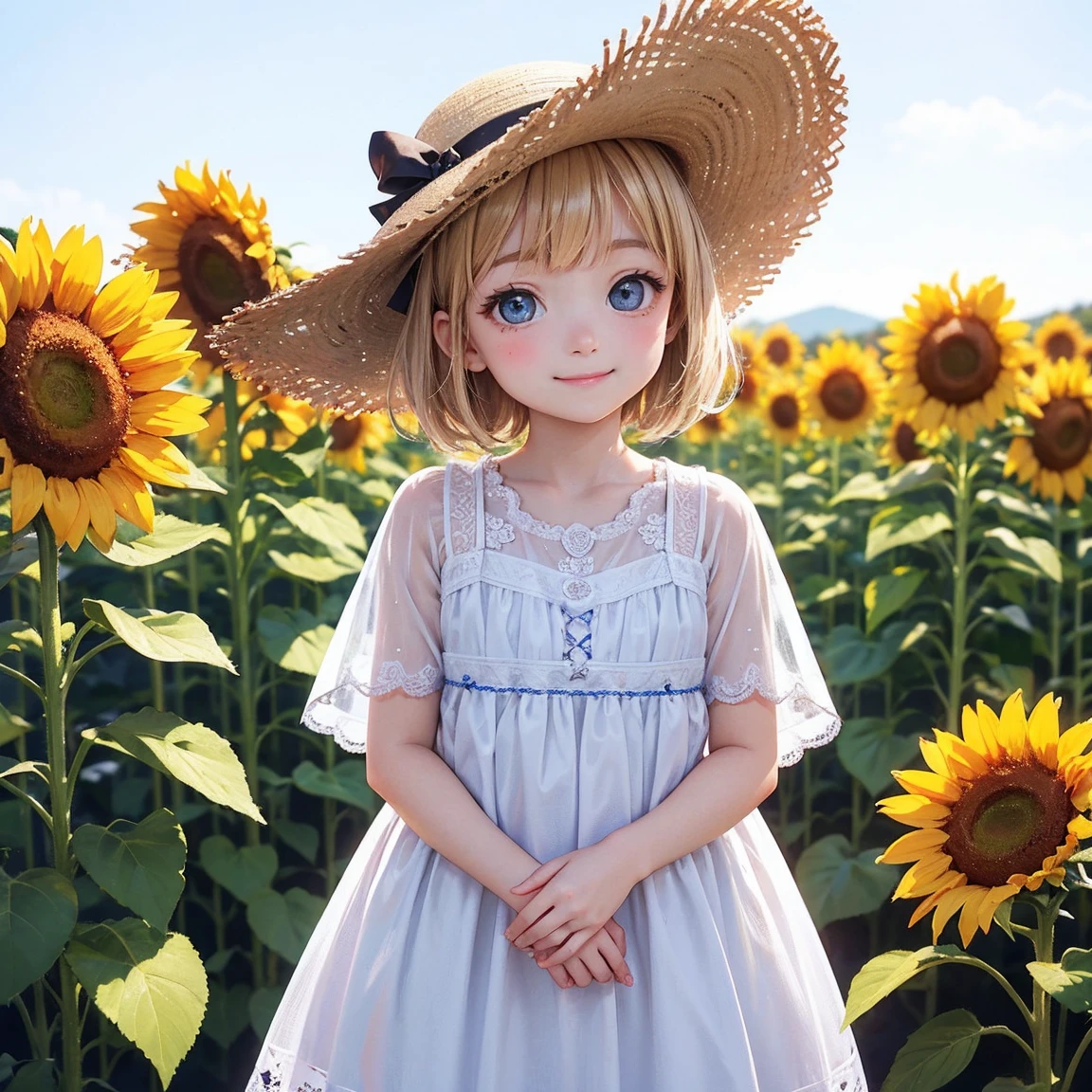 sunflower　sunflower畑　White dress　Straw hat　youth　summer　Emotional