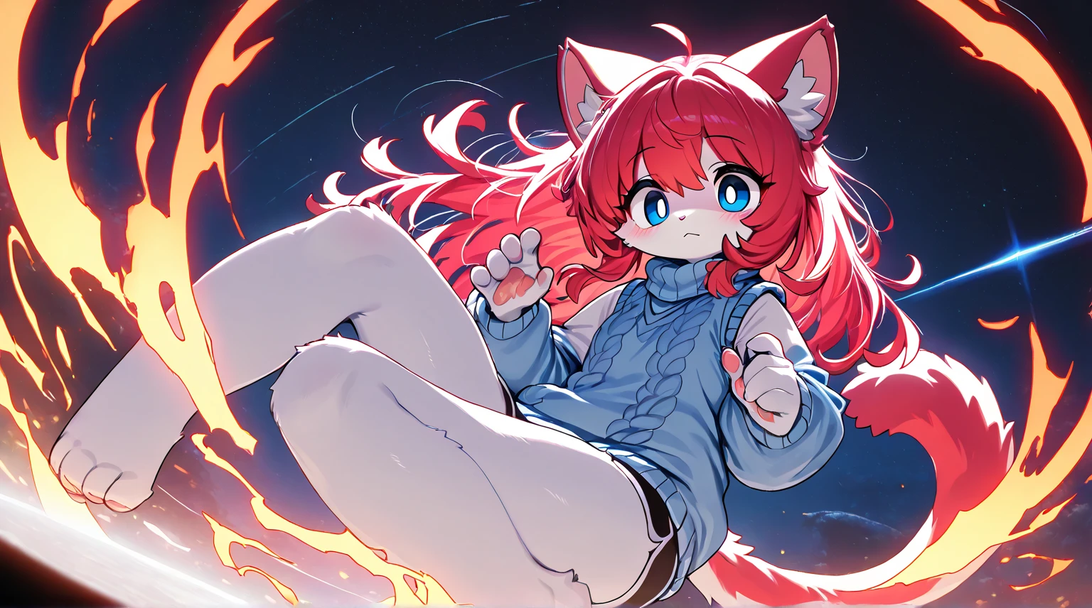 score_9, score_8_up, score_7_up, masterpiece. blend of cute and sexy. Full body. anthro female catgirl. Long fiery red hair, detailed hair, detailed face, blue eyes, EyesHD, fluff tail. Soft, detailed fur textures. Vibrant hair color complementing fur tone. lies curled around the planet. transparent background. Dynamic lighting emphasizing curves. Blend of anthropomorphic and human aesthetics, furry
blue Sweater Vest Preppy Countryside Core Knit Fabric High Neck, black sports shorts