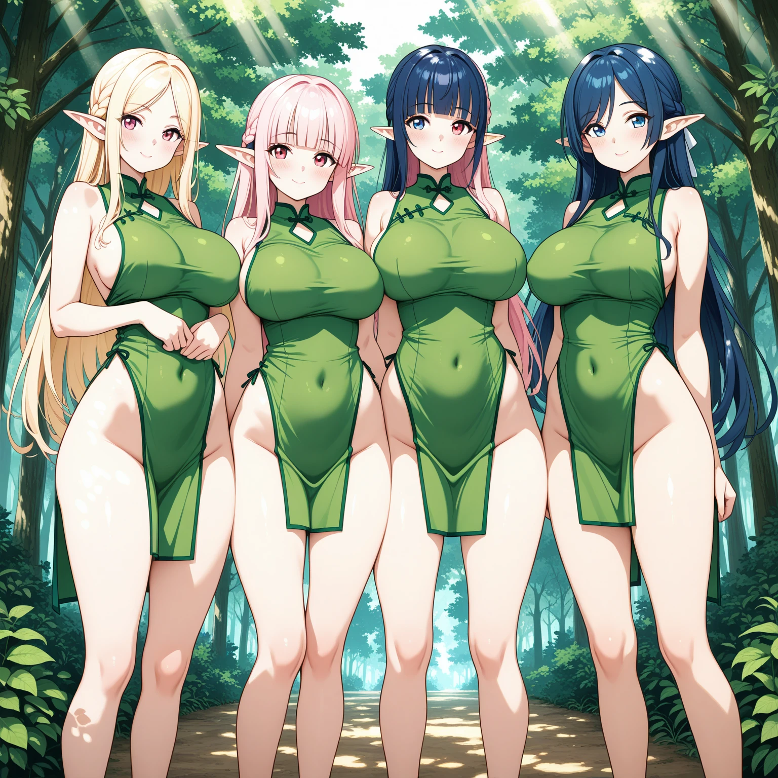 Bikini clad anime characters standing in a desert area with the sky in the background, (((gone crazy))) Elfの王女, Green skin!!, goblin girl dnd character, Green skin, Orc themed, Elf, Green Oak Woman, Fairy Characters, Anime Style, orc merged with vines, Sexy reptilian humanoid woman, Anime Style3D, Green skin!