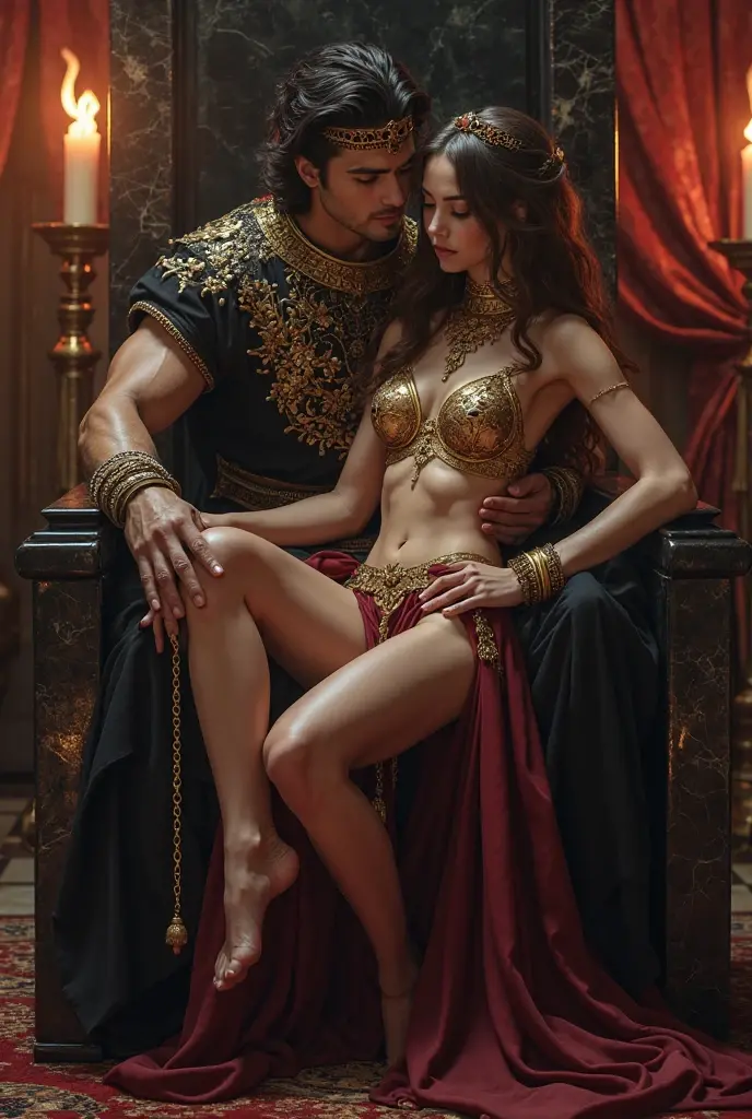 (8K, RAW photos, Highest quality) masterpiece, 2 people ((1 boy, 20 years old)), ((1 girl 20 years old)), wearing gold lace jewelry, wearing gold beaded lace decoration long around the waist, completely naked ((doggy style sex)). On the steps of an ancient Arab kingdom. Thick body hair, Sequin background, cinematic lighting, UHD