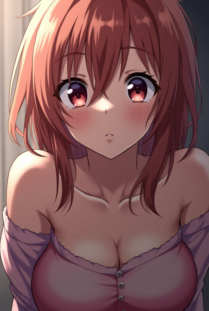 (((barechested)))、masterpiece、ighly detailed、(1 girl in:1.2)、(((Red-haired)))、big eye、(((a closeup)))、embarassed face、8K、short-hair、(((anime styled)))、Red Eyes、Open your mouth、(((barechested)))、(((a bed))、Facing the front、(((fullnude)))、(((fullnude)))、(((Colossal tits)))、Red-haired