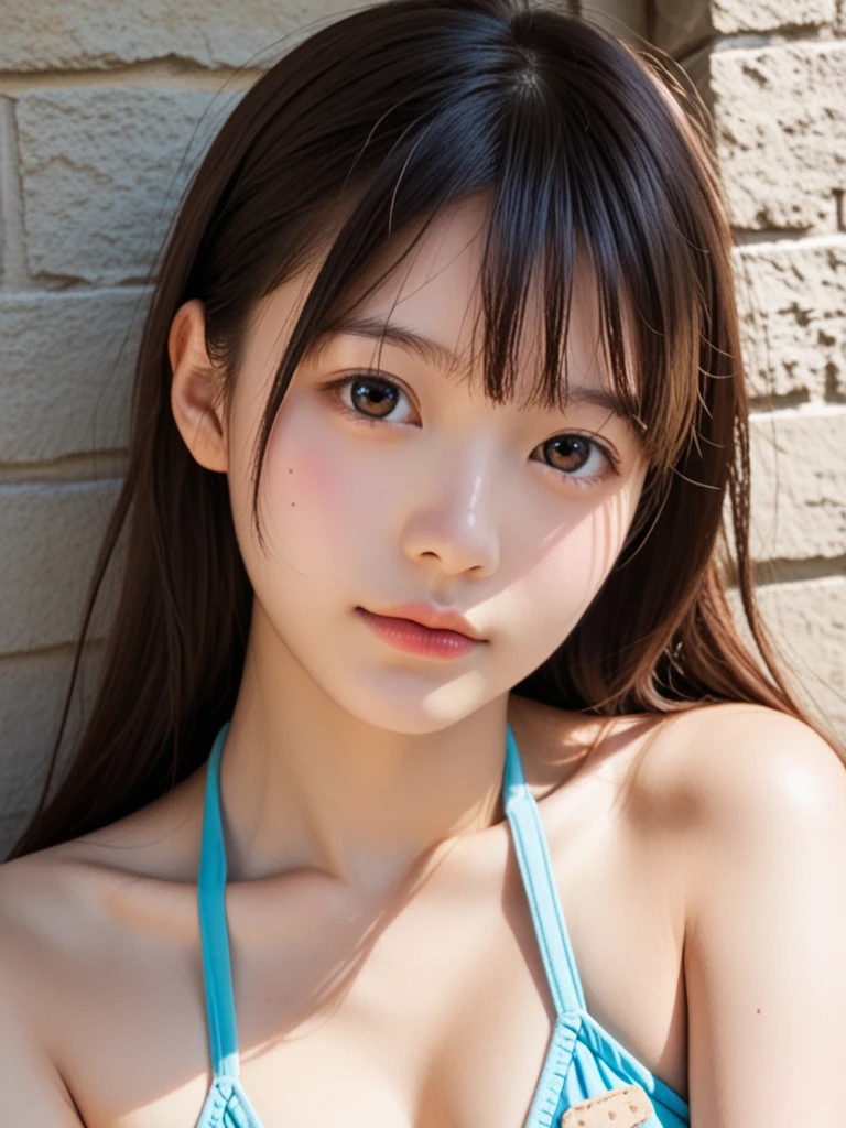 (8k, Photorealistic, RAW Photos, Best image quality: 1.4), Japanese schoolgirl、Super detailed face、Eye on the details、double eyelid、Sharp focus:1.2、Beautiful woman:1.4、Light brown hair、Highest quality、masterpiece、Ultra-high resolution、(Photorealistic:1.4)、Highly detailed and professionally lit smiles、(Micro Bikini:1.5)、blush、Watery eye、amount、erect nipples、slouch、Cleavage、Small breasts、ponytail、Poolside