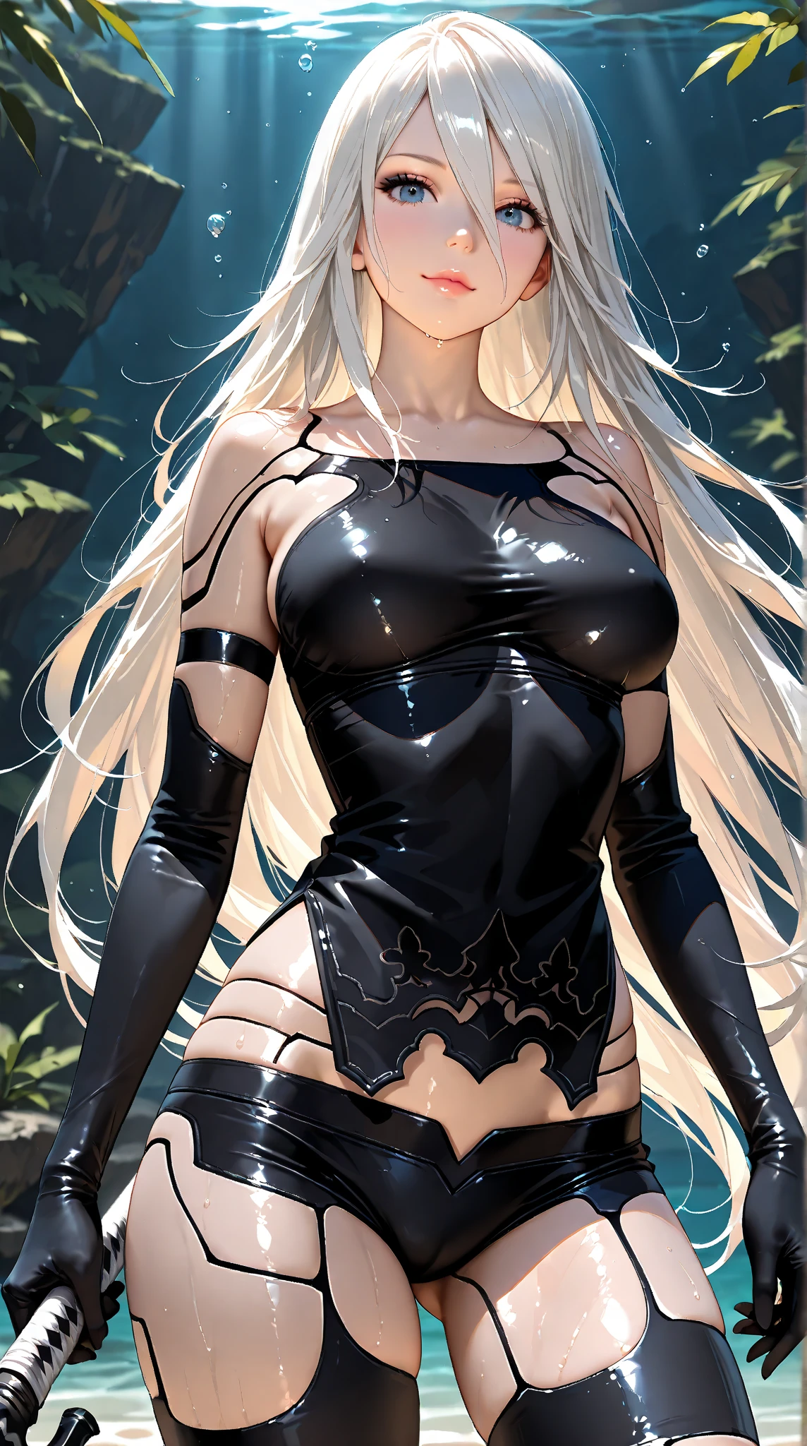 ((highest quality)),High resolution,Sharp focus,(Super detailed,Very detailed),
(Very detailed CG unity 8k wallpaper),(((Vibrant colors))),Anime Style,
Natural skin texture 鮮明な詳細, (Realistic eyes, Natural skin texture, Realistic facial details),
1 girl, Beautiful and elaborate face, Perfect Eyes,((Silver Hair)),Long Hair,Echidna, Deep purple eyes,
Butterfly Hair Ornament, (Colored eyelashes:1.1), eye shadow,
Red pink lips,The colors of another world,Arrogant look, Domineering smile,Big and ample breasts,Camel Toe
(Flying debris, 超High resolution),(((Black and Green Theme))),Wear an iridescent aura,
Invisible Light, Amazing shine, Neon green glow,
Bright colors, Ghostly Effects,Surreal Landscape,wearing black side-tie bikini,
from back, sit,look back, Tea party on the grass, Large parasol,