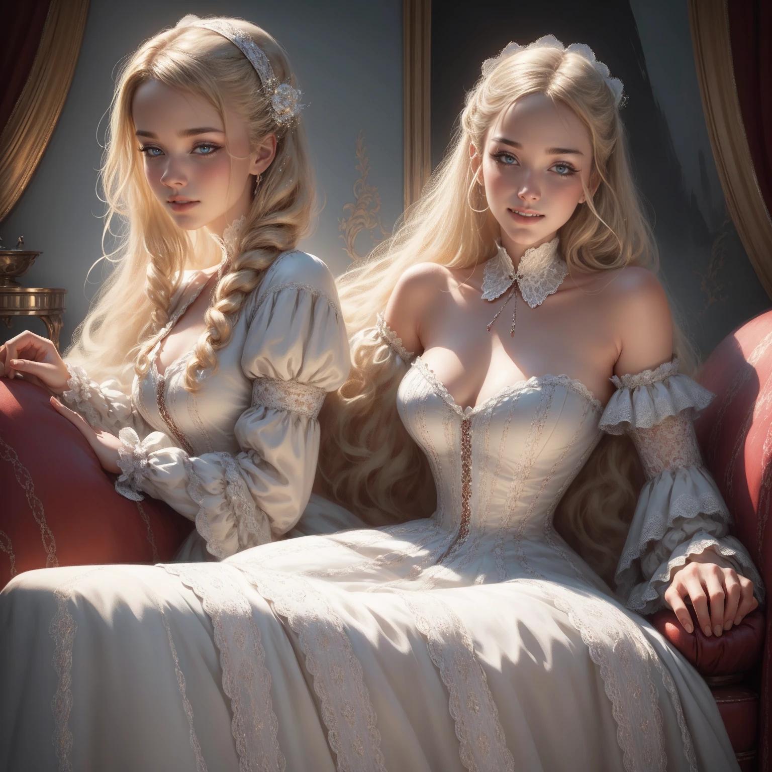 White Blonde hair, fluffy hair, stylish hair, long hair, lilac eyes, perfect eyes, beautiful, perfect face, tween, , short, kind, curvy, a flowing pale airy gown with ruffles along the bottom with tiny pink flowers and gold dragon embroideries with flowers, Her tiara had a pretty teal gemstones, silver necklace, noble class, royal, royalty, red castle, feasting hall, medieval, elegant surroundings, soft dewy makeup look, light peach blush, soft tan eyeshadow, light coral lipstick, cutesy, girlish, girly, guileless, ingénue, princess , whimsical lighting, Targaryen, dragons in the sky, photorealistic
