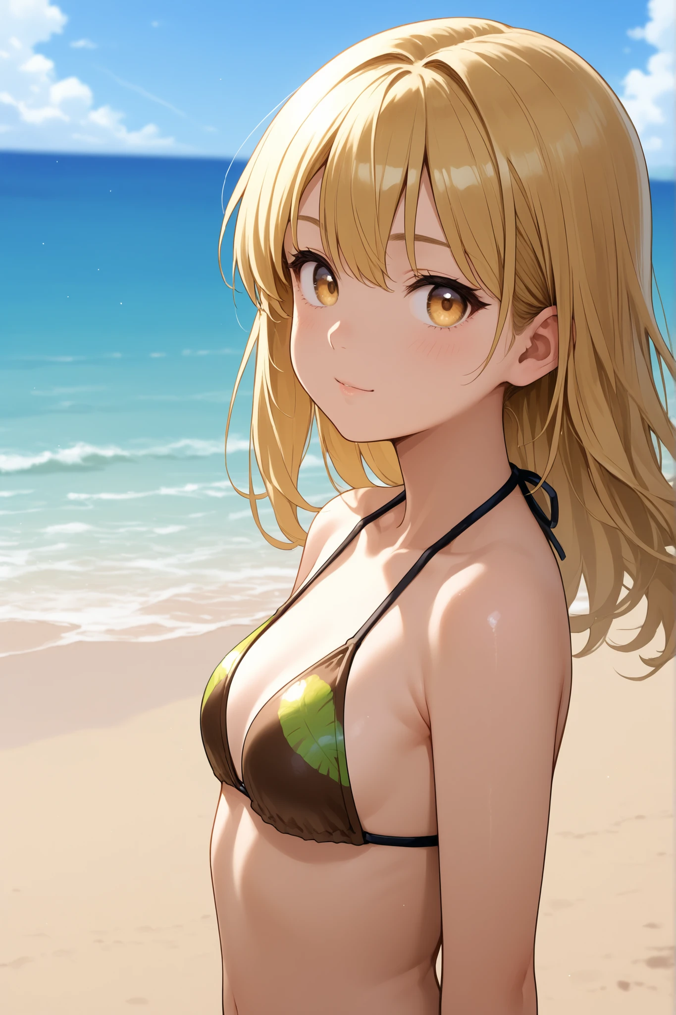 (Highest quality:1.2, Very detailed, up to date, Vibrant, masterpiece:1.2, Highest quality, Best aesthetics), smile, ((Face Up Shot:1.4)), 1980s style, 8K Ultra HD, Background Blur, smile, One Woman, Woman in bikini, Strong sunlight, Seaside, sunny, Summer sunshine, Wet Skin, Sandy Beach, Dynamic Angle, dynamic, Get excited