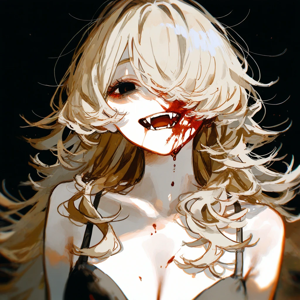 Best Quality, (Background detailed), High Contrast, Super Beautiful Girl, Detailed Original Illustration, Functional, Delicate Face, Charming, Bad Girl, Sexy, Real Breasts, Crazy Smile, Crazy Eyes, Heads Up, Pale Skin, Bloody, Bloody Shower, Bloody Dress, Bloody Makeup, Red, Black Background, (Black Background 1. 5), Beautiful Line Drawing